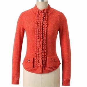 Moth by Anthropologie Floating Sparks Ruffle Cardigan S Orange Wool Sweater